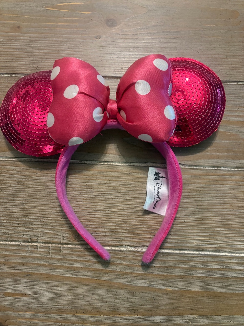 Disney Parks Minnie Mouse Hot Pink Sequin Ears Headband White Polka Dot Bow